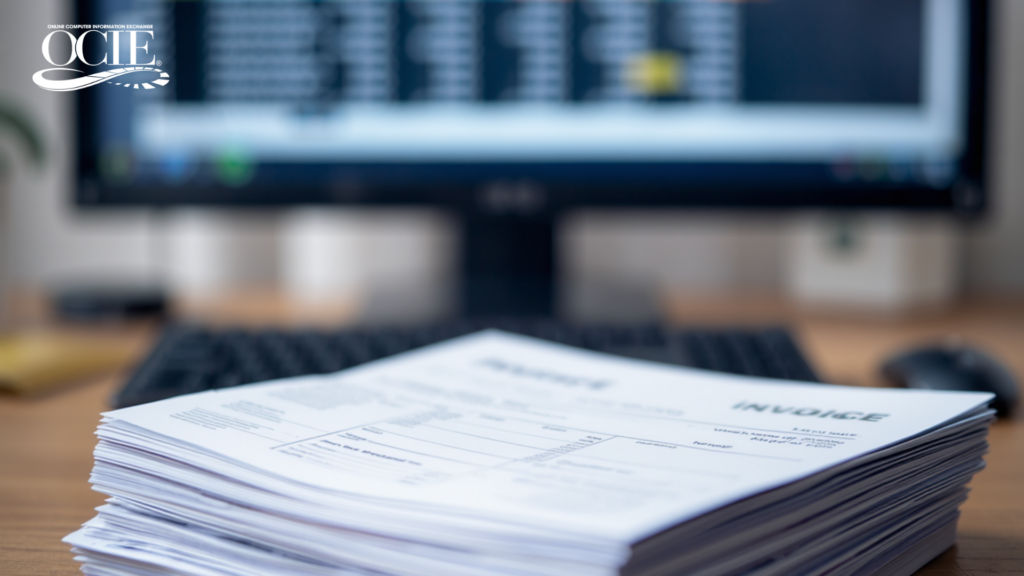 A stack of printed invoices on a desk in front of a data-filled monitor illustrates OCIE's core argument: the cost of maintaining legacy systems extends far beyond what appears on any single vendor invoice.