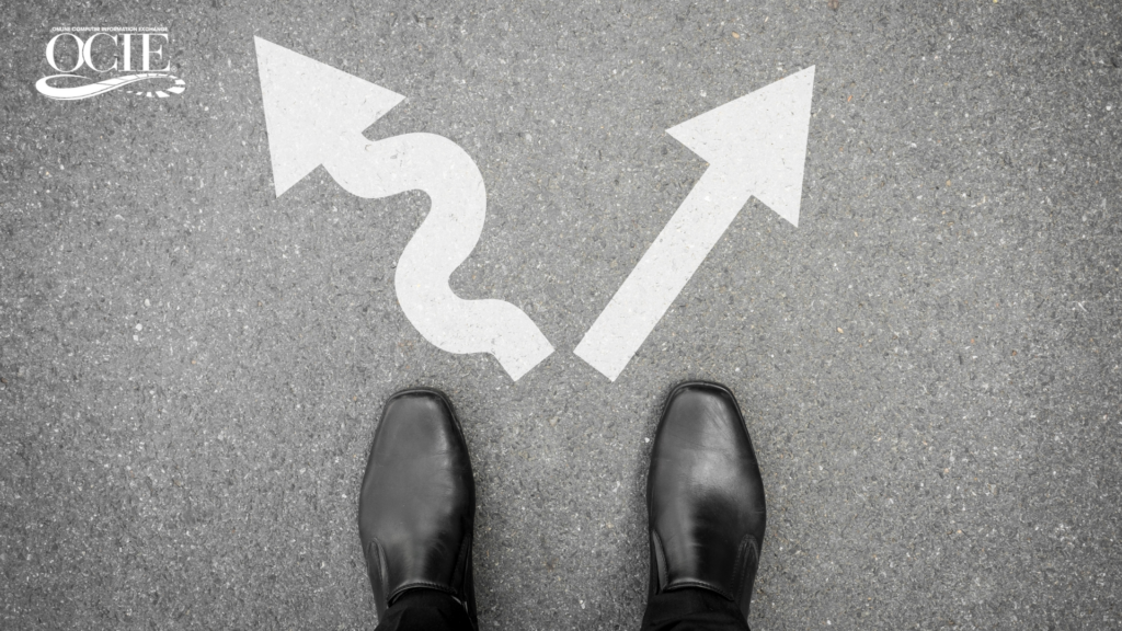 OCIE illustrates the cost of maintaining legacy systems as a decision point: a person stands on pavement facing two painted arrows, one curving left and one pointing right, representing the choice to keep or retire an aging system.